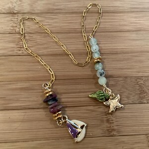 Chain thong Bookmark-beach theme with shell, starfish and sailboat charms- fluorite beads