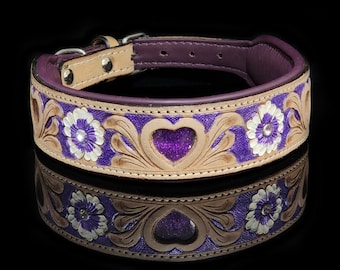 Purple Hearts & Flowers, Purple Dog Collar, Leather Collar, Floral Collar, Heart Collar