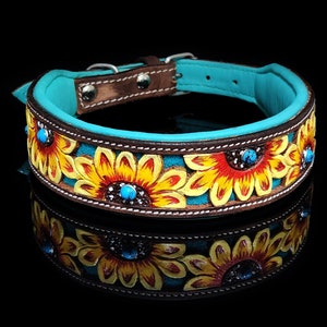 Turquoise Sunflower, Leather Dog Collar, Sunflower Collar, Bright Dog Collar, Padded Collar, Country Dog, Summer Dog Collar, Western Wear