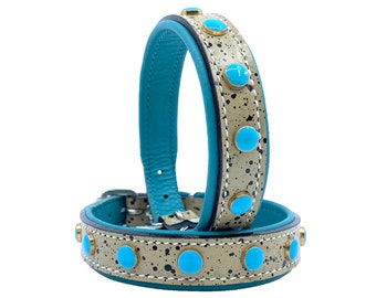 Small Turquoise Dog Collar, Leather Dog Collar, Turquoise Collar, Small Dog Collar, Adjustable Small Collar, Padded Dog Collar