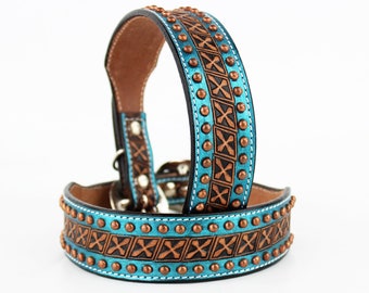 Metallic Turquoise MadcoW Western Style Hand Tooled Canine Leather K9 Dog Collar Handmade Fully Adjustable