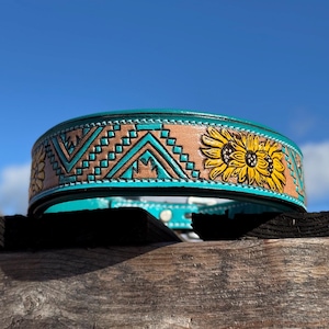 Aztec Sunflower, Turquoise Leather Dog Collar, Sunflower Collar, Leather Padded Collar, Floral Tooling
