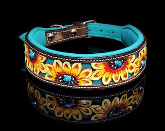 Turquoise Sunflower, Leather Dog Collar, Sunflower Collar, Bright Dog Collar, Padded Collar, Country Dog, Summer Dog Collar, Western Wear