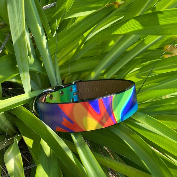 Tie Dye Dog Collar, Choose from Leather or BioThane, Rainbow Collar, Personalize with a Name or Phone Number, Adjustable Sizing