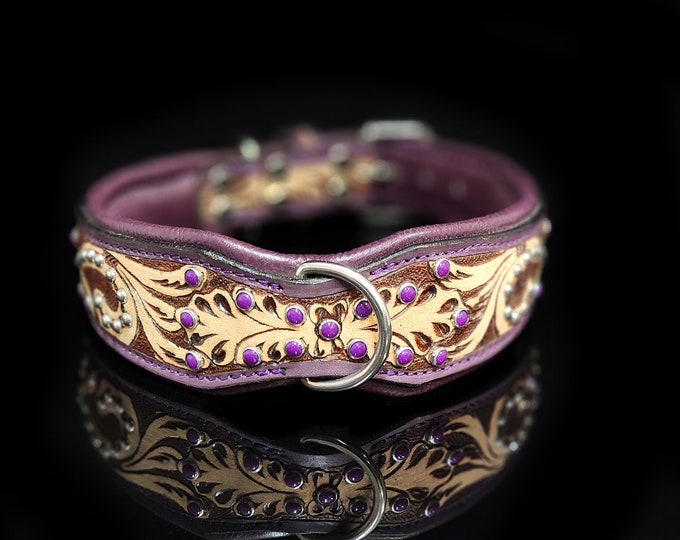 The Purple, Leather Dog Collar, Tooled Leather Collar, Purple Leather