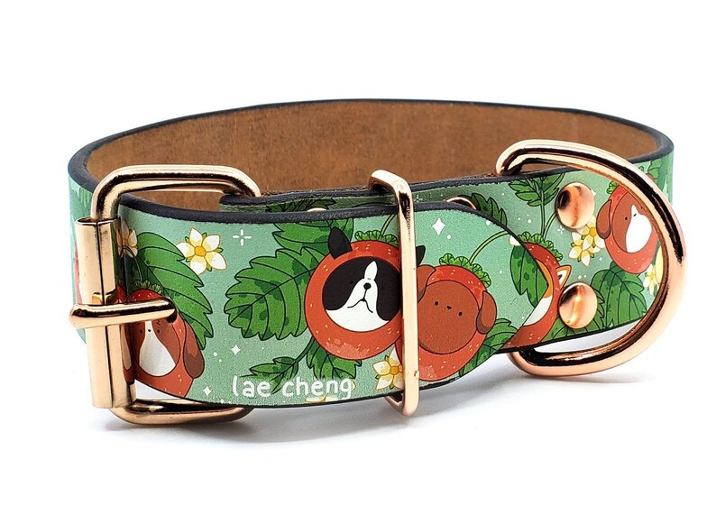 Green Leather Collar Strawberry Collar Fruit Dog Collar MadcoW X Dog Berry Fields Adjustable Leather Collar Rose Gold Hardware