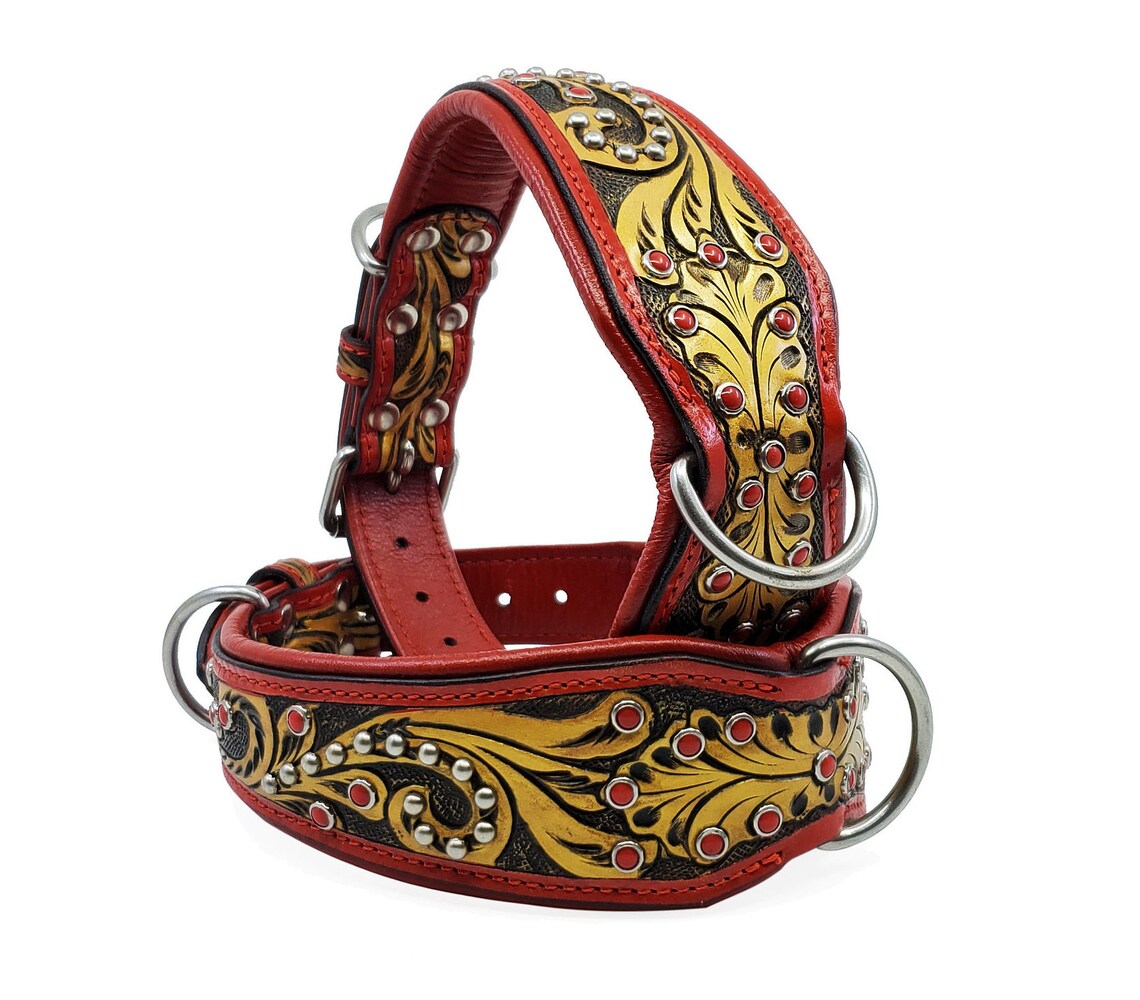 Red And Gold Dog Collar Padded Dog Collar Leather Dog Etsy
