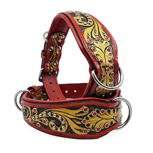 May include: Red leather dog harness with gold and black floral tooling, silver studs, and red accents. The harness features two silver rings and a buckle closure. A decorative pet accessory.