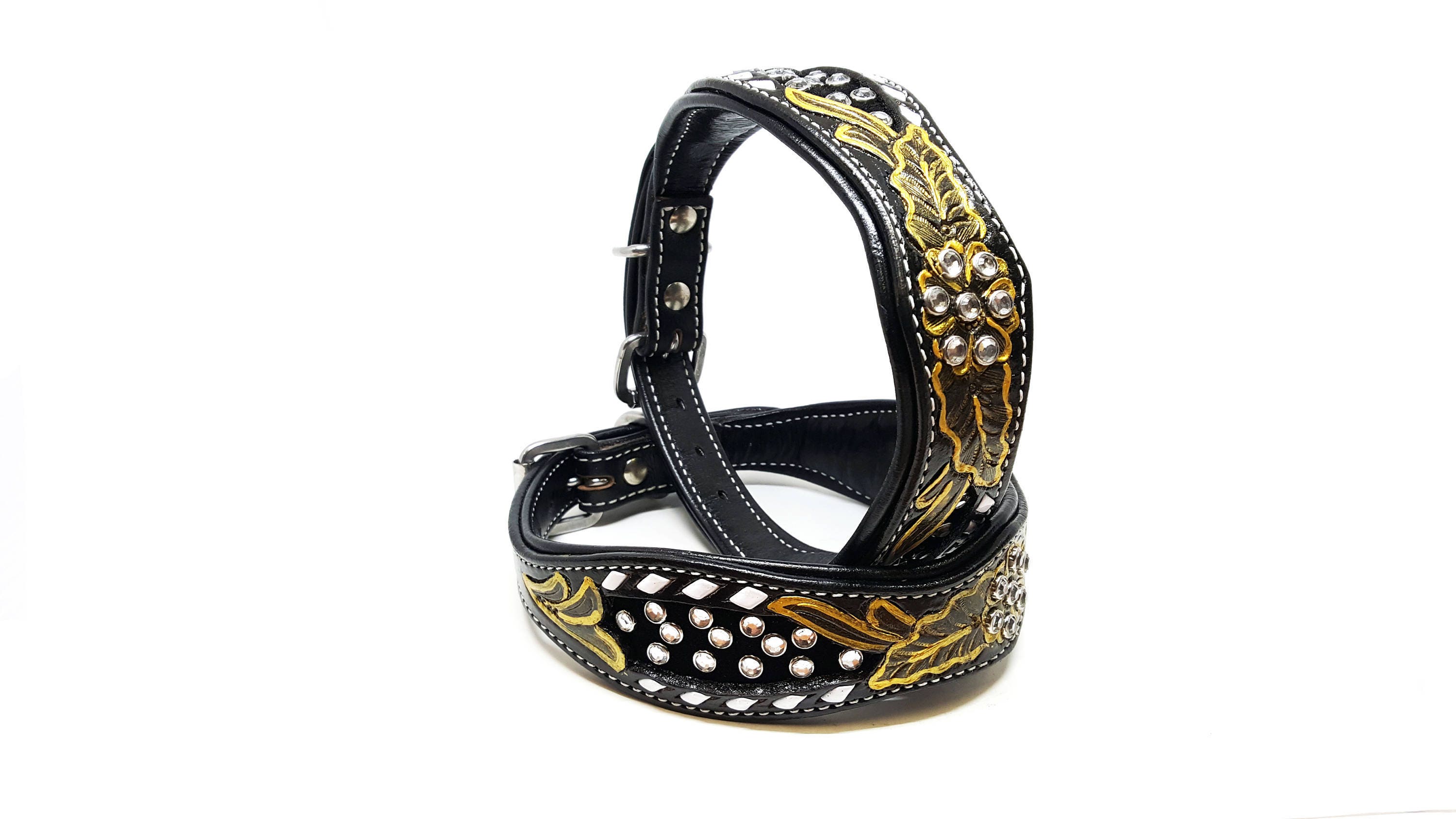 Gold & Black Madcow Western Hand Tooled Buck Stitched Bling Canine Leather K9 Dog Collar Made Fully Adjustable
