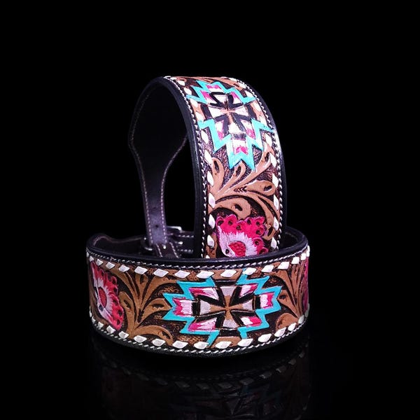 Sedona Bloom Tooled MadcoW Western Styled Hand Painted Leather Buck Stitched K9 Dog Collar Handmade Fully Adjustable
