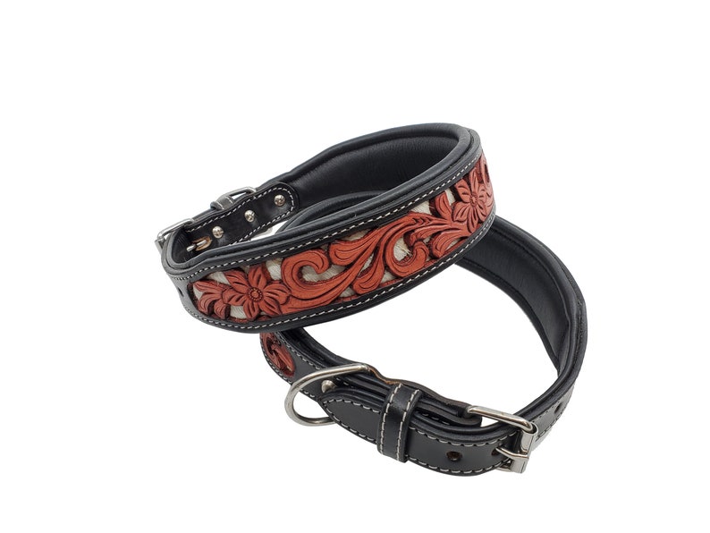 MadcoW Western Style Tooled Canine Leather Dog Collar HandMade Fully Adjustable