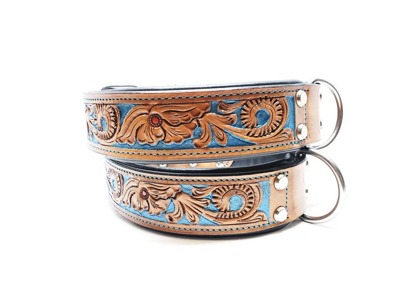 MadcoW Western Style Tooled Canine Leather Dog Collar HandMade Fully Adjustable