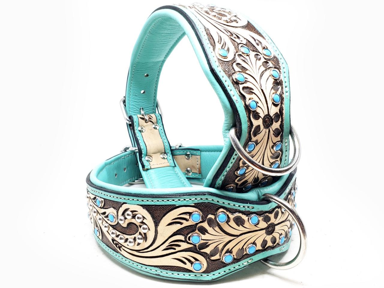 Turquoise Hand Tooled Madcow Western Style Bling Canine Leather K9 Dog Collar Made Fully Adjustable