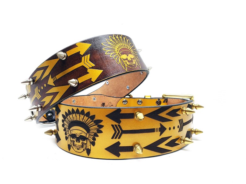 Custom Spiked Indian Chief Skull Arrow Headdress Art Design MadcoW Metallic Black /& Gold Leather K9 Dog Pet Collar Handmade Fully Adjustable