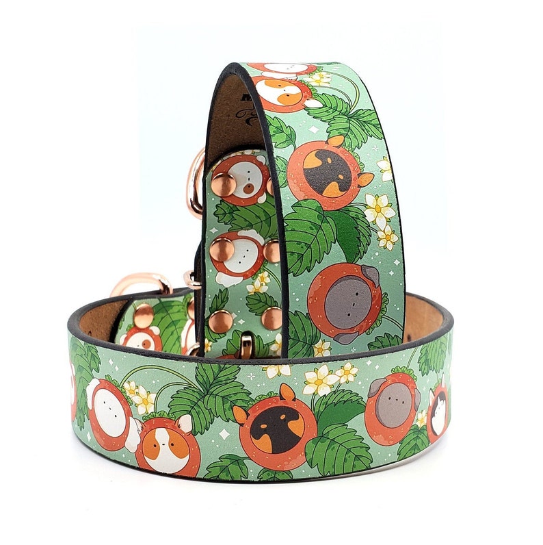 Green Leather Collar Strawberry Collar Fruit Dog Collar MadcoW X Dog Berry Fields Adjustable Leather Collar Rose Gold Hardware