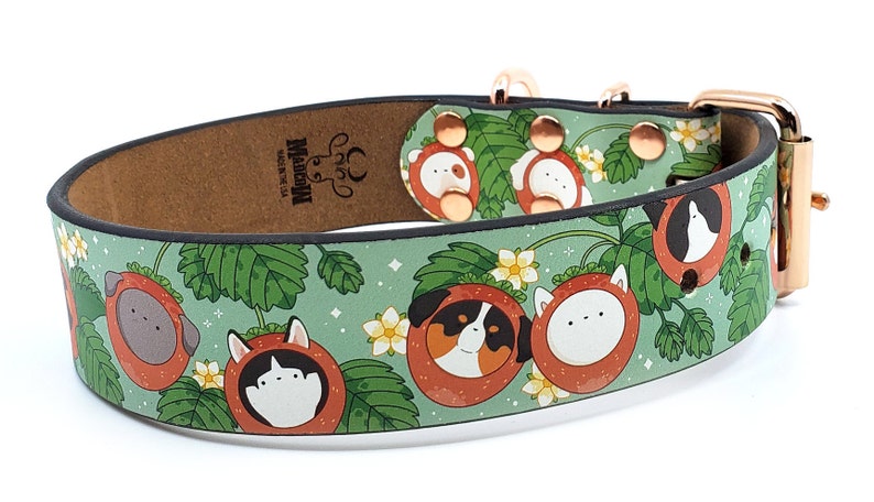 Green Leather Collar Strawberry Collar Fruit Dog Collar MadcoW X Dog Berry Fields Adjustable Leather Collar Rose Gold Hardware