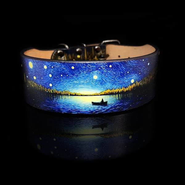 Starry Night, Personalized Dog Collar, Leather or BioThane®, Leather Collar with Name, Waterproof, Easy to Clean BioThane