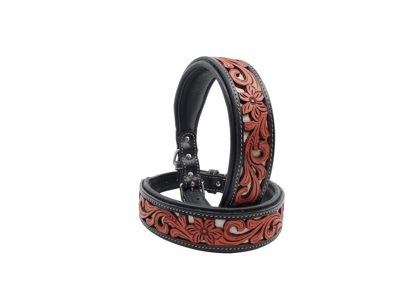 MadcoW Western Style Tooled Canine Leather Dog Collar HandMade Fully Adjustable
