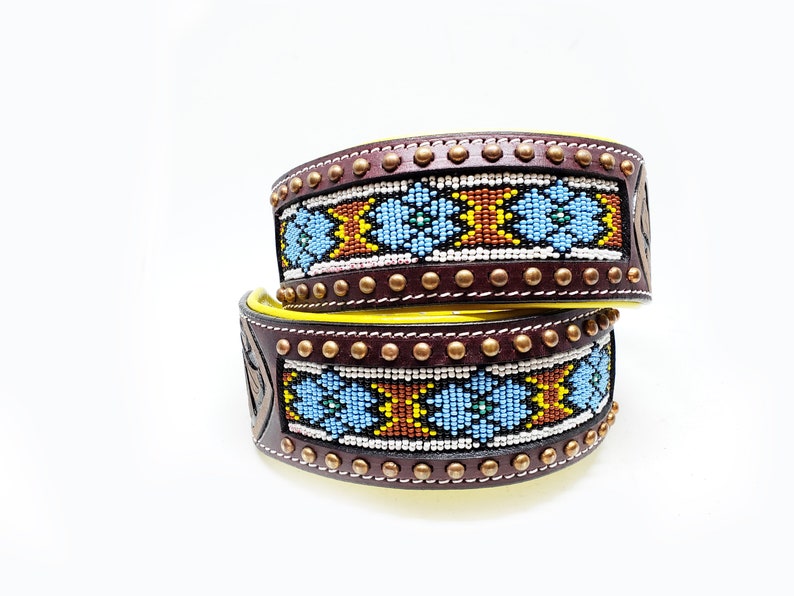 Western Style Yellow Blue Black White Navajo Beaded Tooled Handmade Canine Leather Dog Collar 2 Wide