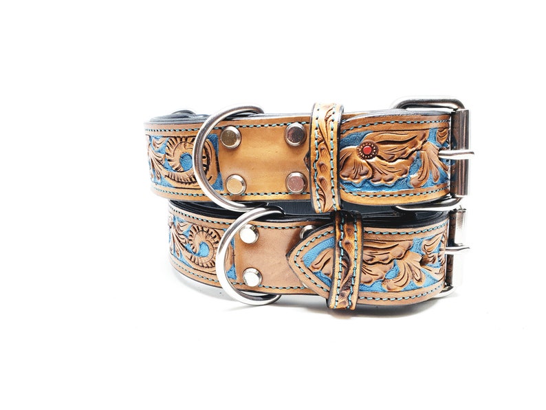 MadcoW Western Style Tooled Canine Leather Dog Collar HandMade Fully Adjustable