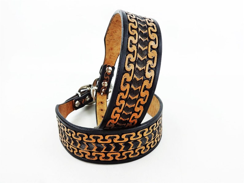 MadcoW Western Style Tooled Canine Leather Dog Collar HandMade Fully Adjustable