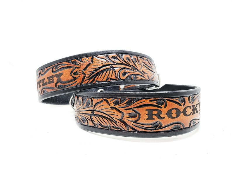 Custom Name Engraved 1 12 Wide Hand Tooled MadcoW Western Leather K9 Dog Collar Handmade Fully Adjustable