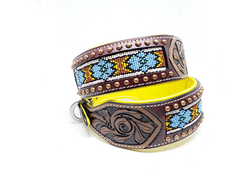 Western Style Yellow Blue Black White Navajo Beaded Tooled Handmade Canine Leather Dog Collar 2 Wide