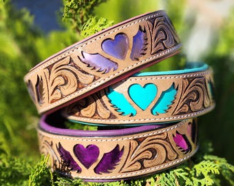 Heart & Wings Western Style Purple Pink Turquoise Canine K9 Floral Tooled Leather Dog Collar MadcoW Hand Made Fully Adjustable Heavy Duty