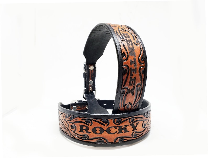 Custom Name Engraved 1 12 Wide Hand Tooled MadcoW Western Leather K9 Dog Collar Handmade Fully Adjustable