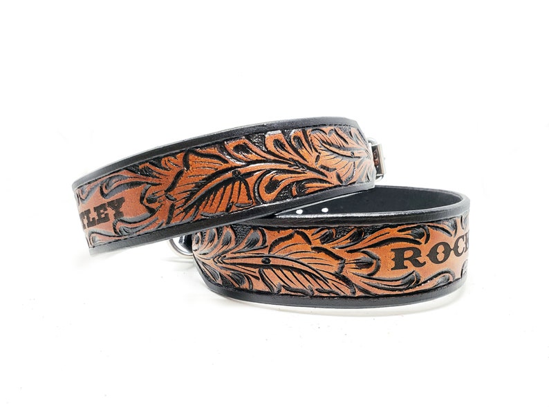 Custom Name Engraved 1 12 Wide Hand Tooled MadcoW Western Leather K9 Dog Collar Handmade Fully Adjustable