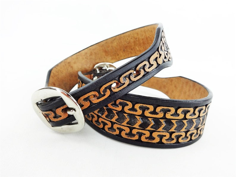 MadcoW Western Style Tooled Canine Leather Dog Collar HandMade Fully Adjustable