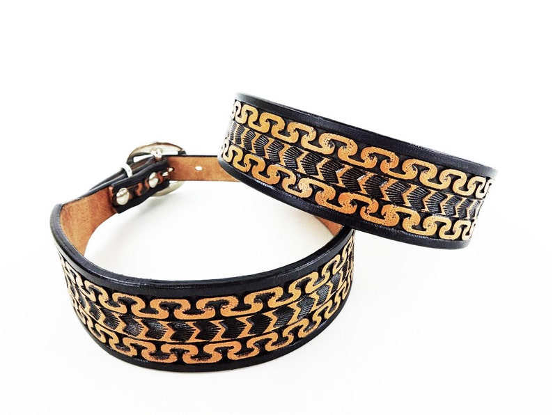 MadcoW Western Style Tooled Canine Leather Dog Collar HandMade Fully Adjustable