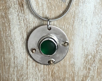 Hand made natural green sea glass and silver disc necklace with 9 ct gold accent