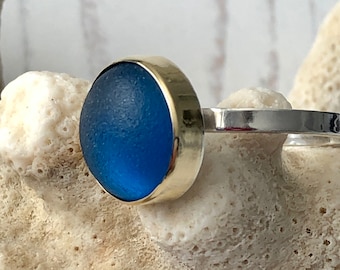 Handmade natural blue sea glass and  18 ct gold statement ring