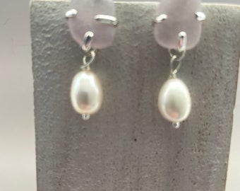 Natural sea glass and pearl drop earrings