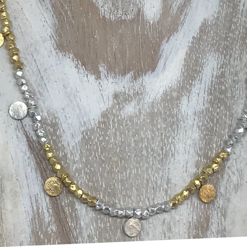 Handmade Silver and gold fill disc necklace with hammered delicate beads