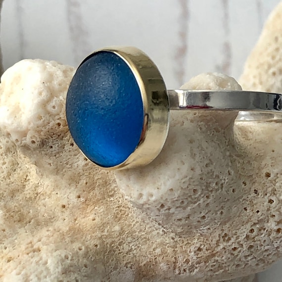 Handmade natural blue sea glass and  18 ct gold statement ring UK size N