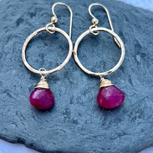 Handmade ruby and 14k gold fill drop earrings