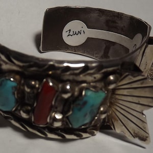 Vintage Sterling Türkis und Koralle Armbanduhr Armreif signiert Marvelyne L Zuni, 53 Gr.
