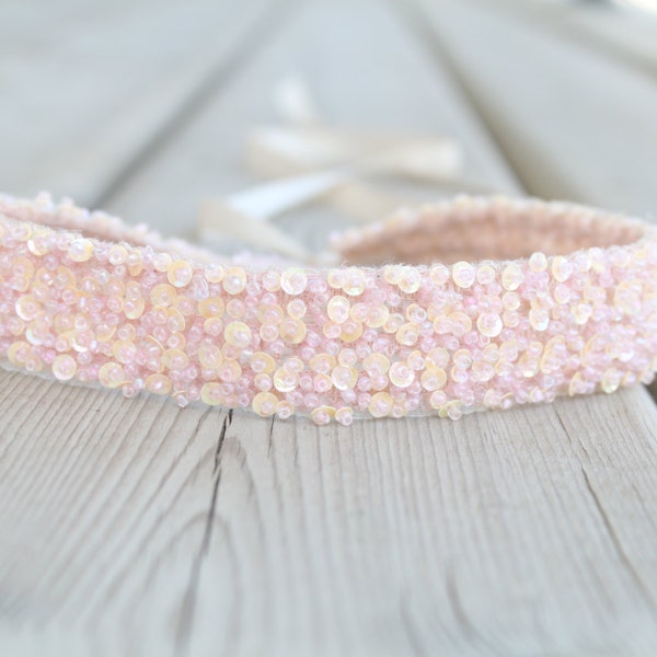 Soft Peach Sequin Beaded Headband - Headwrap - Tieback - Headpiece - Beads - Sequins - Newborn Headband - Photography Props - Peach Headband