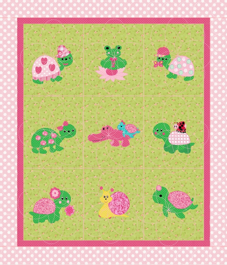 Baby Turtles /& Friends Crib Quilt Pattern Baby Girl/'s Quilt