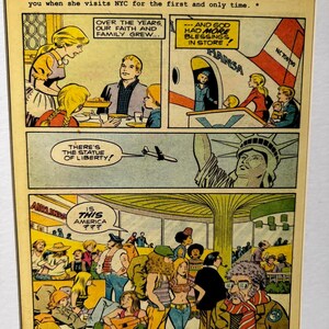 May include: A comic strip with a yellow background and black outlines. The comic strip shows a family of four traveling to New York City. The family is shocked to see the Statue of Liberty and the city's diverse population. The caption reads "A real-life Republican moment from the real-life of a Republican."