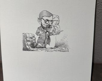 David Levine Caricature of the Father of Psychoanalysis SIGMUND FREUD w/daughter Anna from the New York Review of Books (NYRB) 1960s/70s