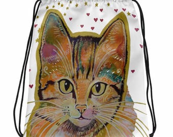Watercolor Art Cat Cinch Sack,  Rainbow Cat Backpack, Cat Yoga Bag