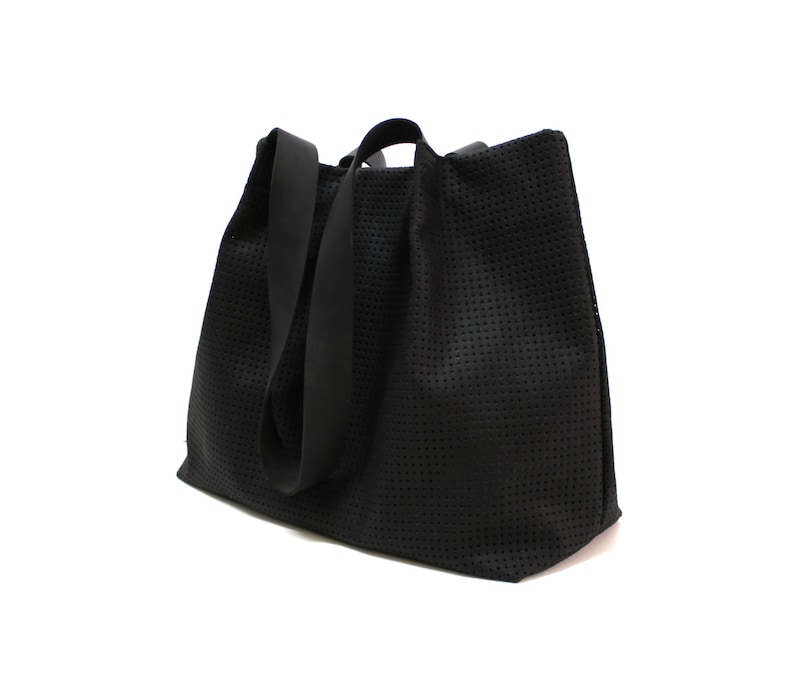 black handbag black shoulder bag black faux leather tote bag with real black leather straps everyday bag black tote bag women handbag,