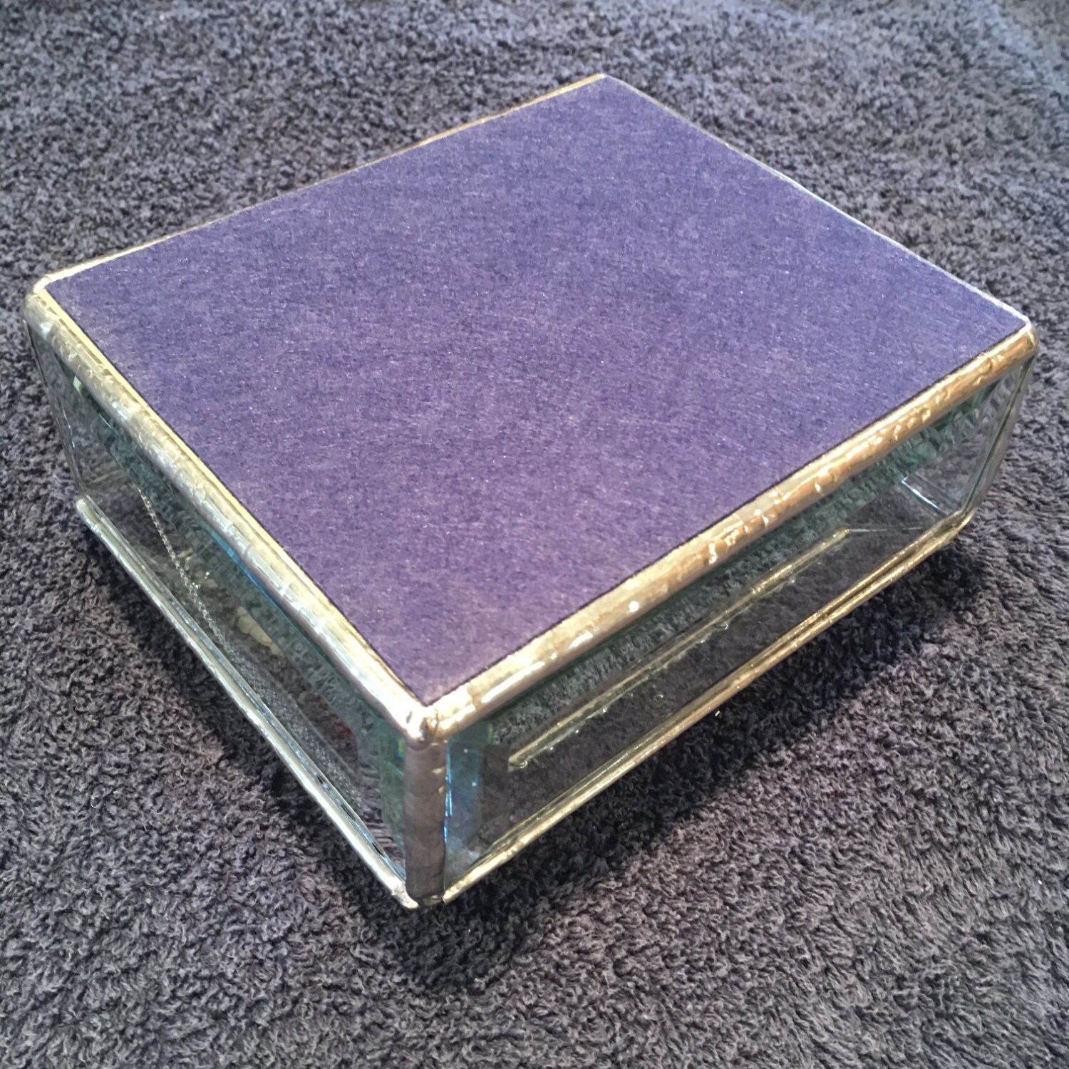 Stained Glass Keepsake Box With a Fused Raised Blue, Purple and Amber