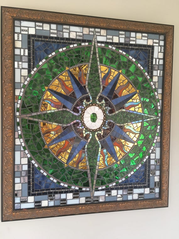 Compass Rose Nautical Stained Glass Mosaic Wall Hanging Panel Etsy