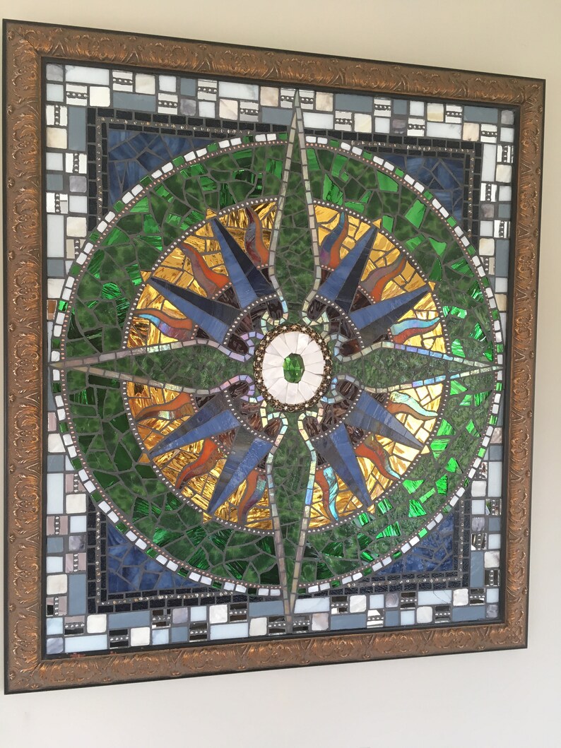 Compass Rose Nautical Stained Glass Mosaic Wall Hanging Panel Image 0