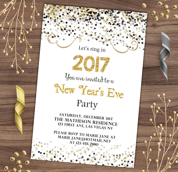 new year s eve invitation black and gold confetti nye etsy