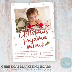 May include: Christmas Pajama Minis photography session announcement with a photo of a baby wearing a red and white patterned sweater. The text reads "Christmas Pajama Minis" with a holly sprig. The announcement includes details about the session, price, and booking information.